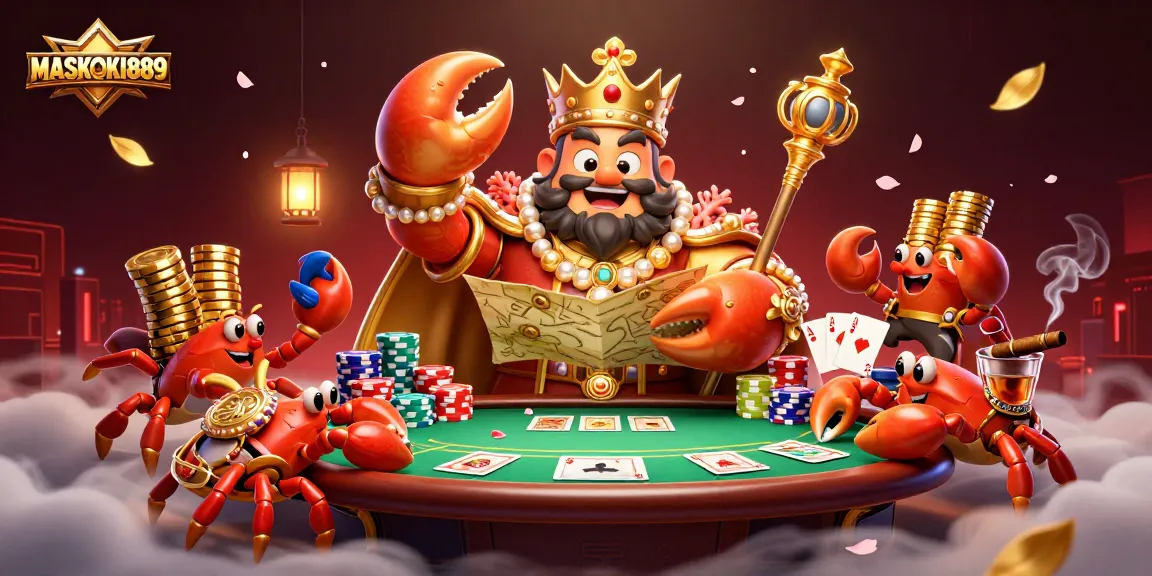 Experience MASKOKI889's thrilling poker scene with the golden crab emperor and vibrant chips.