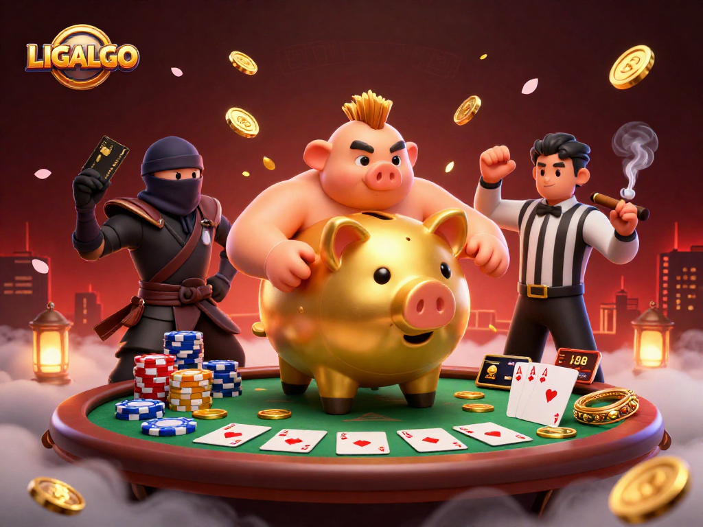 LIGALGO's golden piggy bank sumo wrestler interacts amid poker chips and a vibrant casino scene, showcasing excitement.