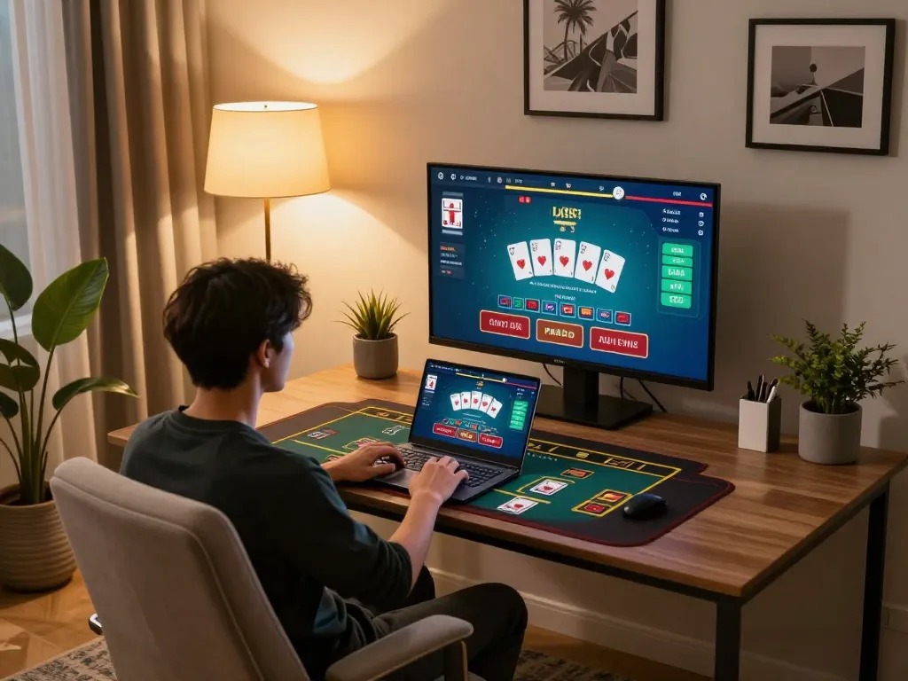 Engaged player using 78win for online live dealer games in a modern home setting.