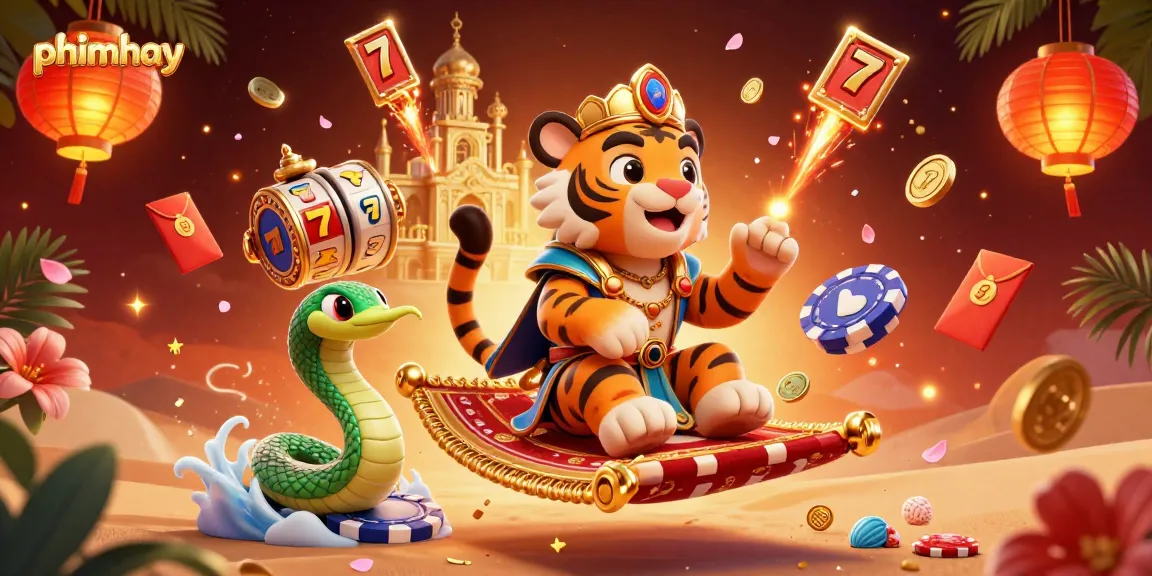 Engage in thrilling casino adventures with phimhay as the tiger sultan rides a poker chip carpet.