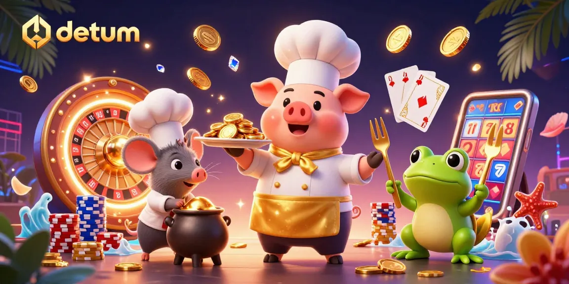 Engage in thrilling gameplay at datum, featuring a chef pig, sous-chef mouse, and critic frog amid casino elements.