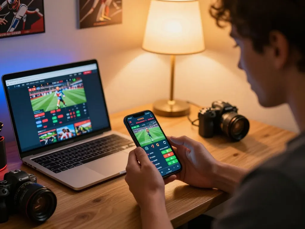 sunwin mobile gaming setup with player engaged in sports betting on smartphone, warm inviting atmosphere