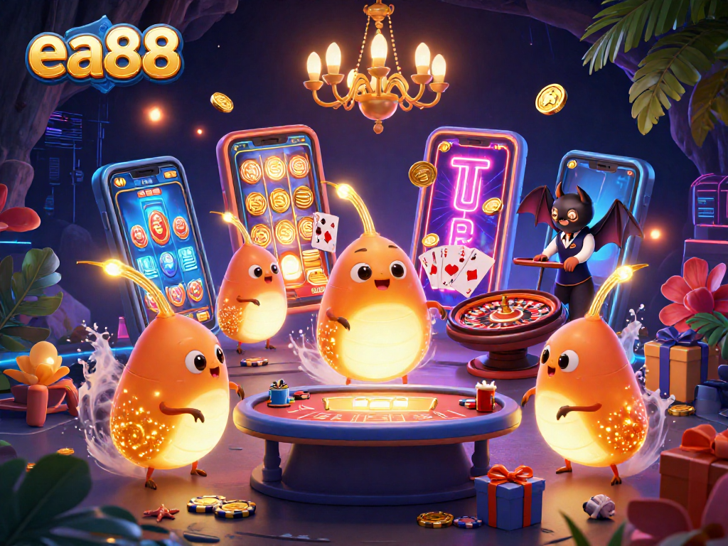 Win big at ea88 with a vibrant illustrated casino scene featuring glowworms lighting the games.