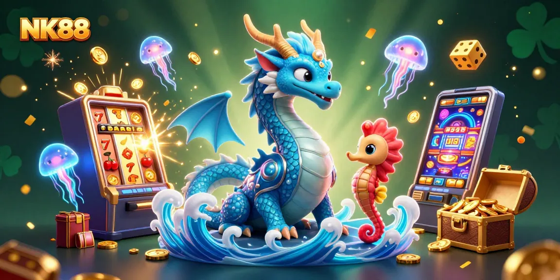Experience the thrill of NK88 with a stunning casino scene featuring a dragon, seahorse knight, and jackpot elements.