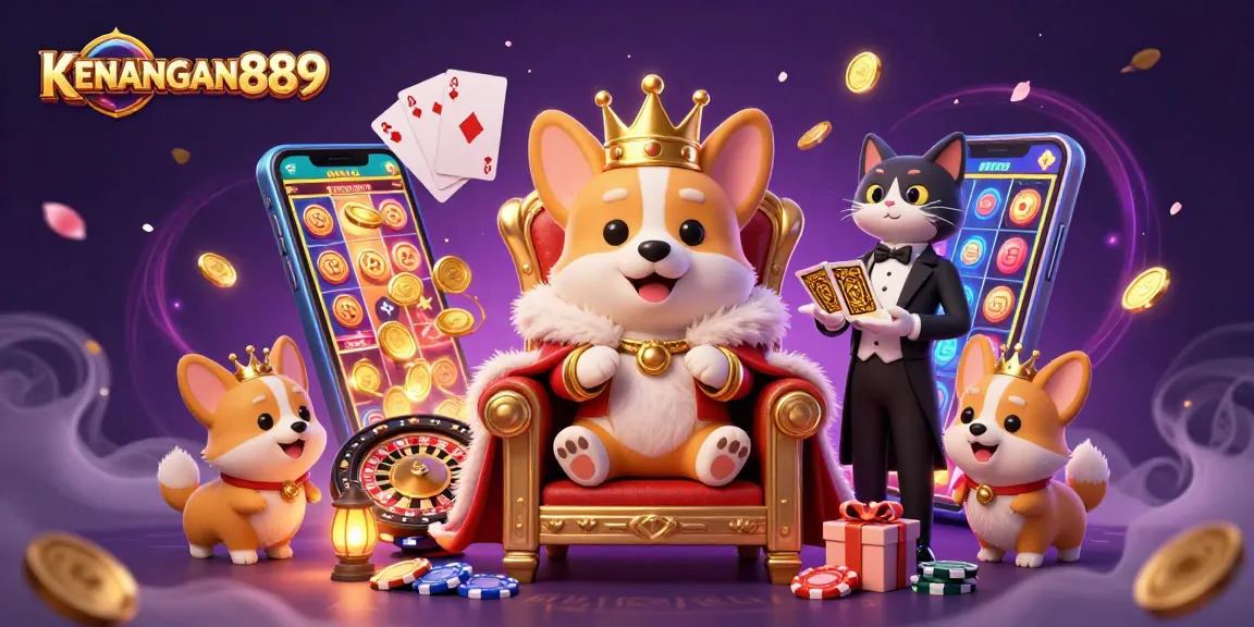 Play exciting slot games with KENANGAN889 featuring a royal corgi and vibrant game elements.