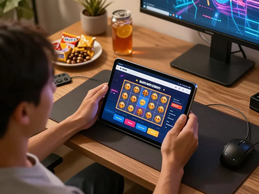 Player enjoying sunwin online slots on tablet with vibrant graphics in a cozy home setting.