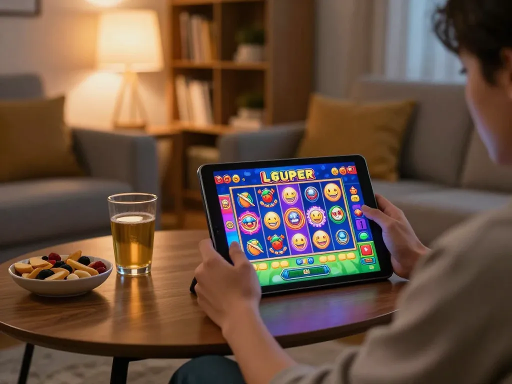 LGO SUPER slot game interface on tablet showcases engaging gameplay in cozy home setting