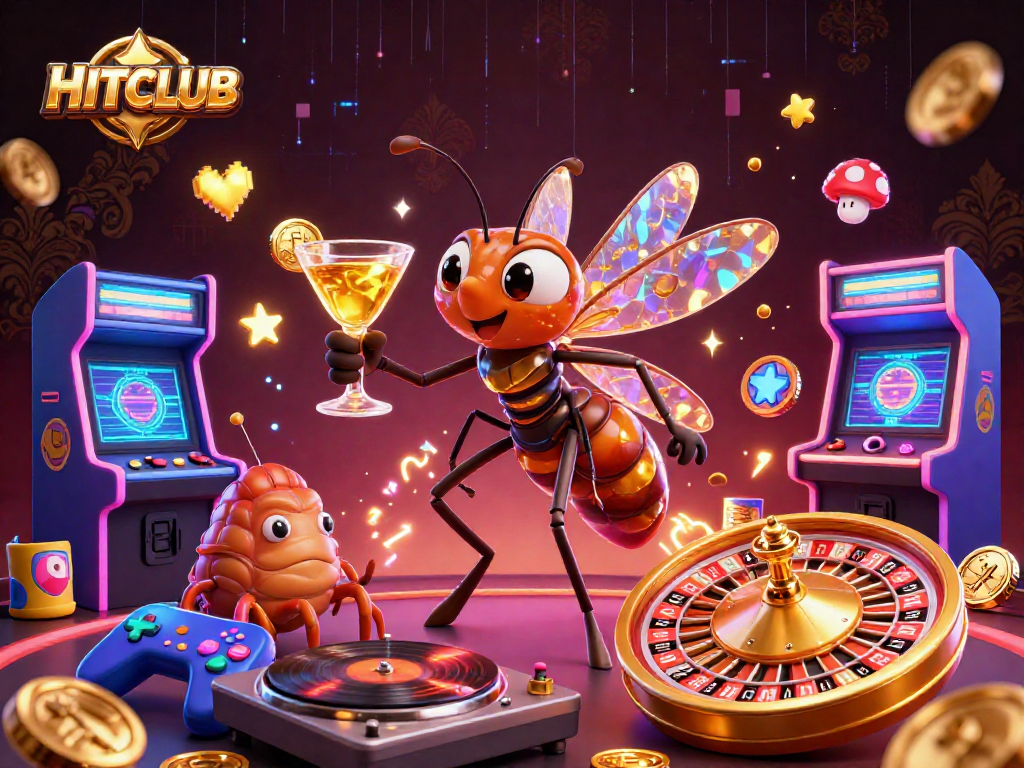 Experience the excitement of HITCLUB with vibrant characters celebrating casino gaming action.