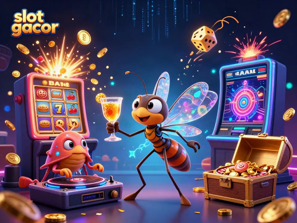 Experience the thrill of slot gacor with a lively 3D scene featuring a casino mascot and DJ amidst symbolic gambling elements.