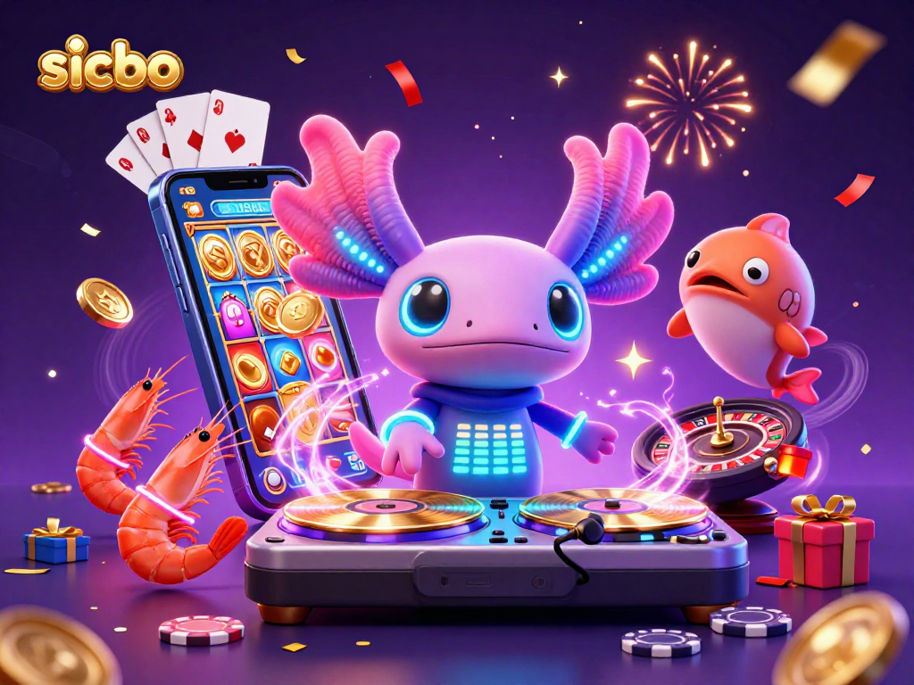Sicbo-inspired 3D illustration showcasing vibrant characters and casino elements in a festive scene.