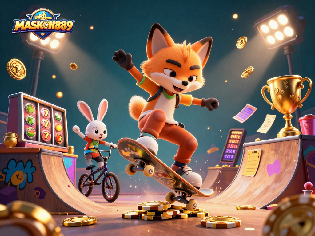 Experience the thrill of MASKOKI889 with vibrant, dynamic casino-themed designs featuring 3D characters.