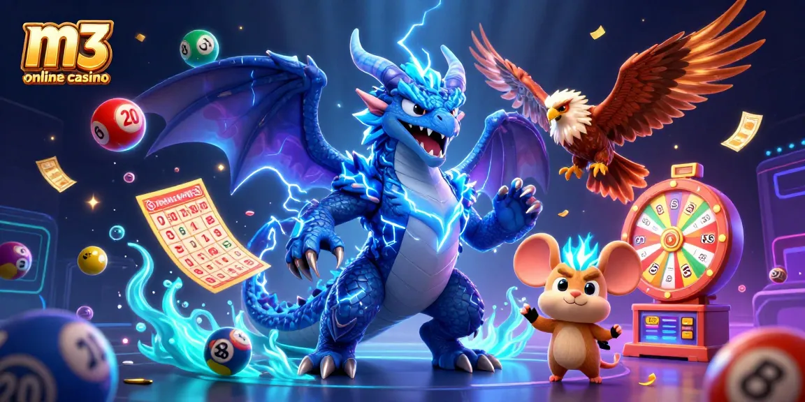Experience m3 online casino excitement with colorful dynamic lottery elements and cartoon characters.