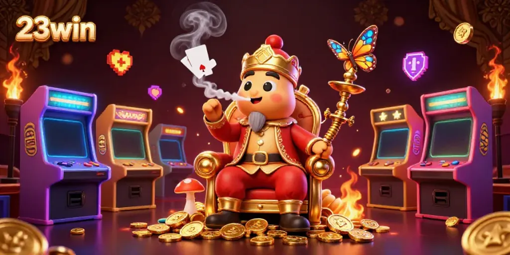 Experience exciting gameplay with 23win as the caterpillar master creates poker symbols in this vibrant casino scene.