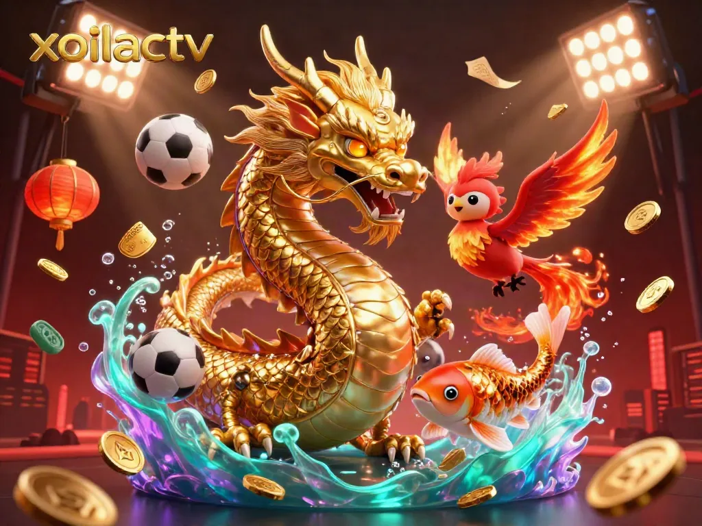 Experience sports betting excitement with xoilactv's dynamic 3D illustration featuring vibrant characters and engaging elements.