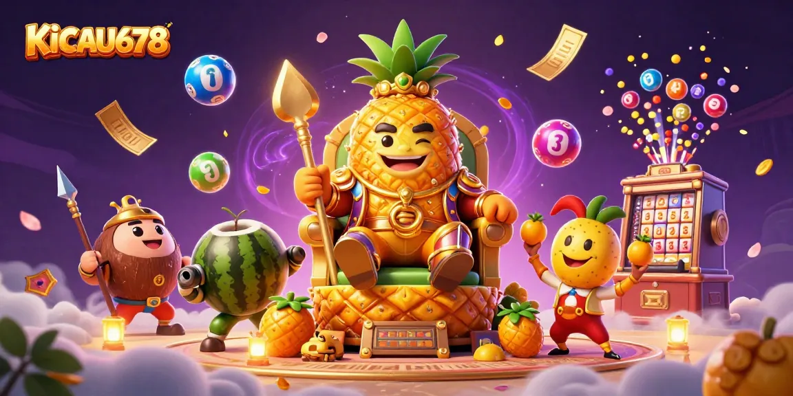 KICAU678 depicts an exciting casino scene with a golden pineapple king ruling over vibrant lottery elements.