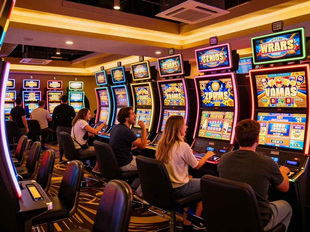 Players winning at TR88 slot machines amidst vibrant casino lights