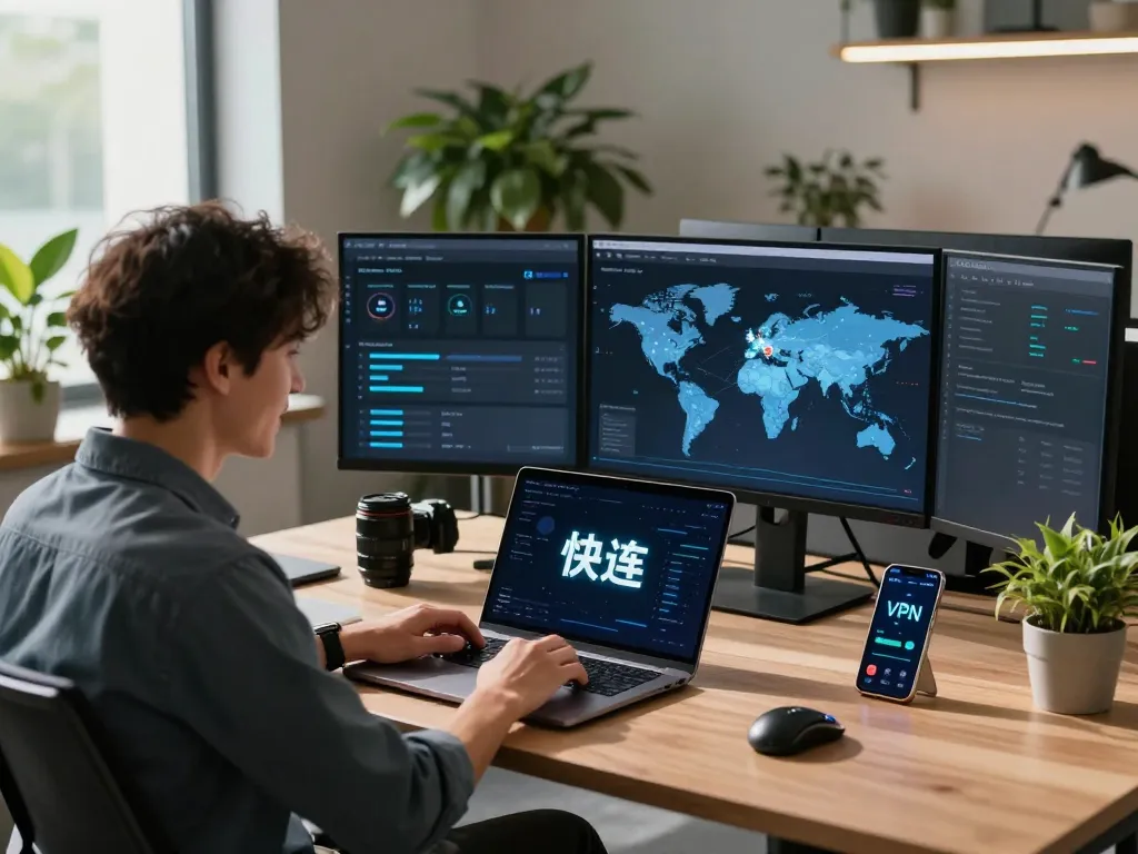 快连 VPN service in a modern tech workspace with multiple screens and laptops.