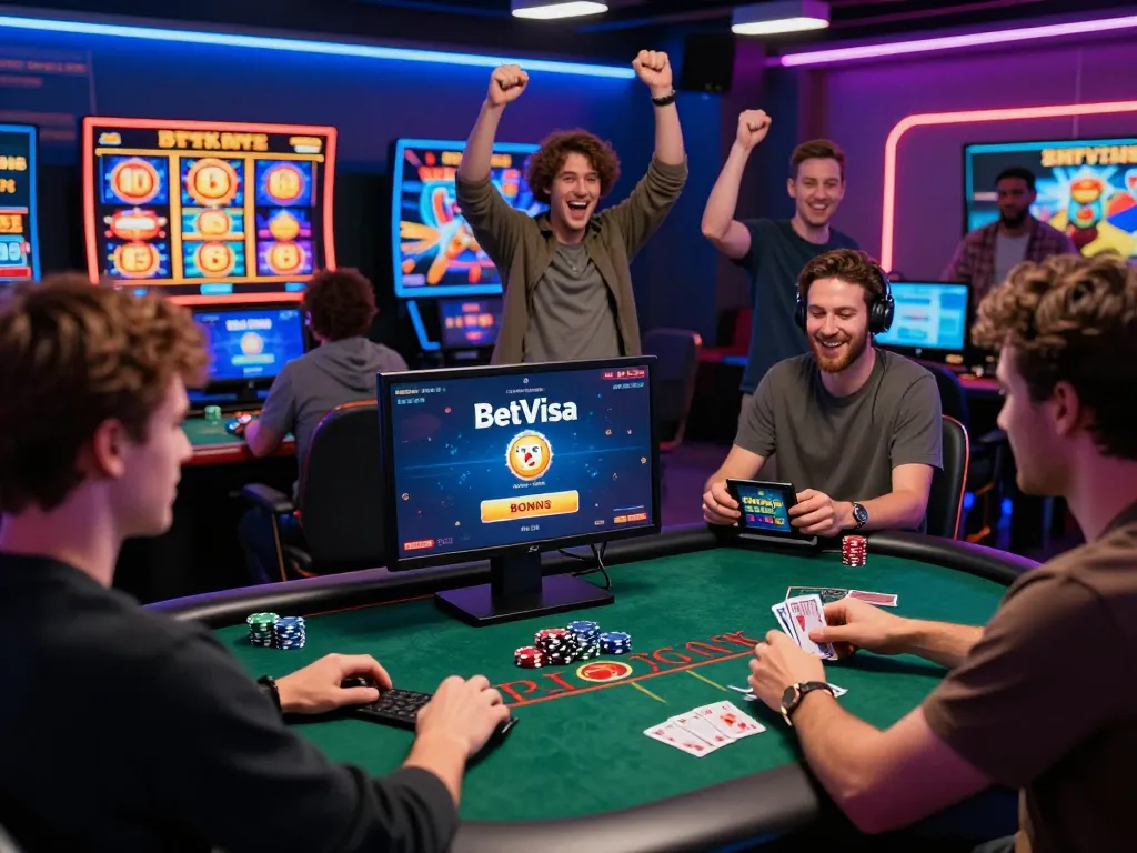 Players engaging with BetVisa promo code at an online casino, celebrating bonuses and gaming.