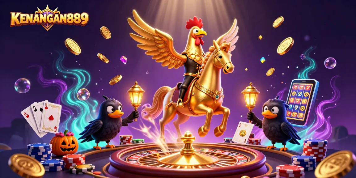 Experience gaming with KENANGAN889 as the golden rooster leads a thrilling casino adventure.