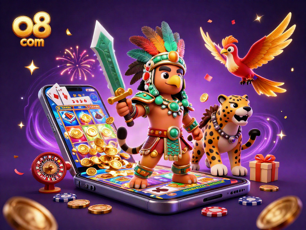 Spin reels and win big with o8 com in this vibrant Aztec-themed casino illustration.
