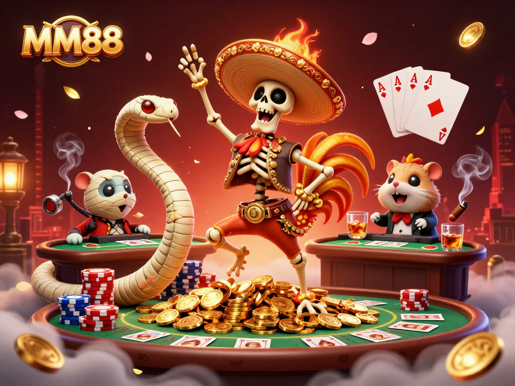 MM88 offers thrilling casino action with vibrant characters dancing on coins and poker elements.