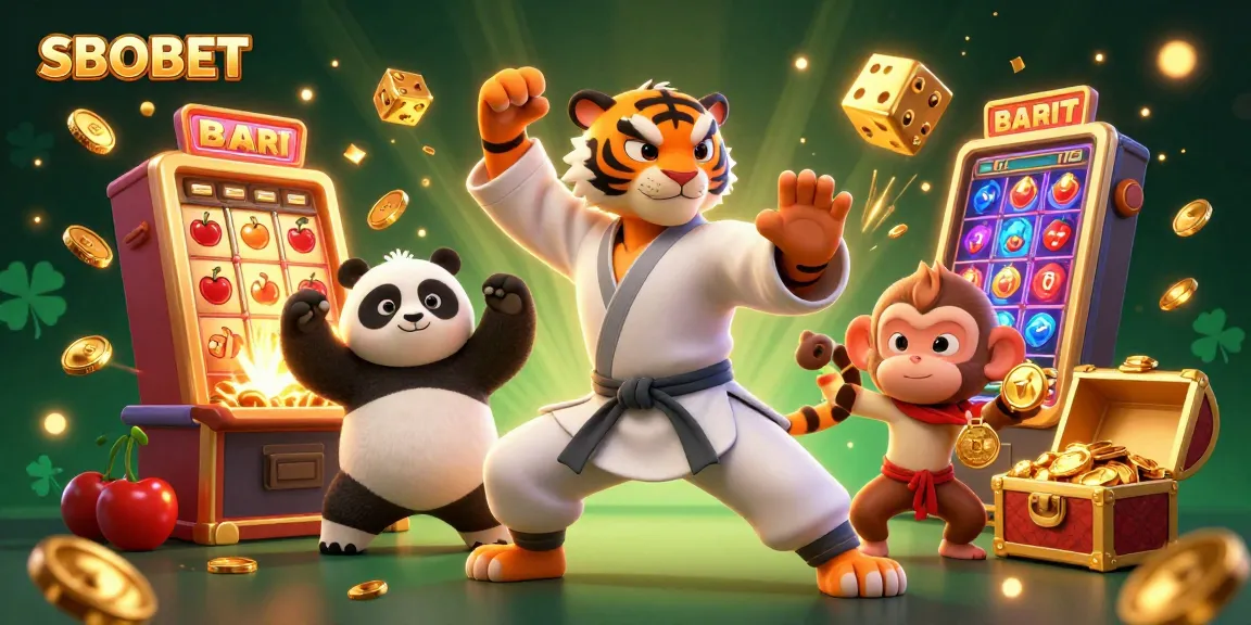 SBOBET menghadirkan permainan menarik dengan karakter kucing kung fu, panda, dan monyet mencuri medal emas dalam ilustrasi 3D yang penuh warna.