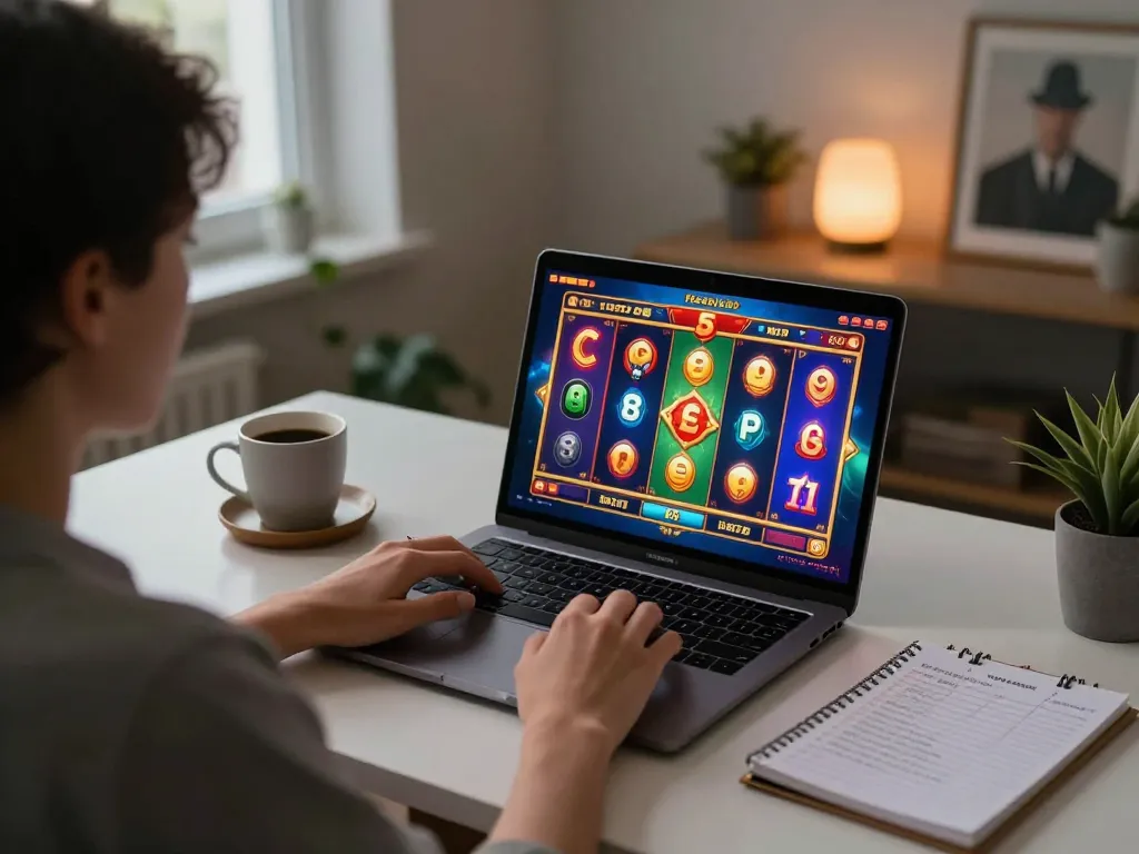 Engaging in online slot gaming with UG DEWA on a cozy desk setup featuring colorful visuals