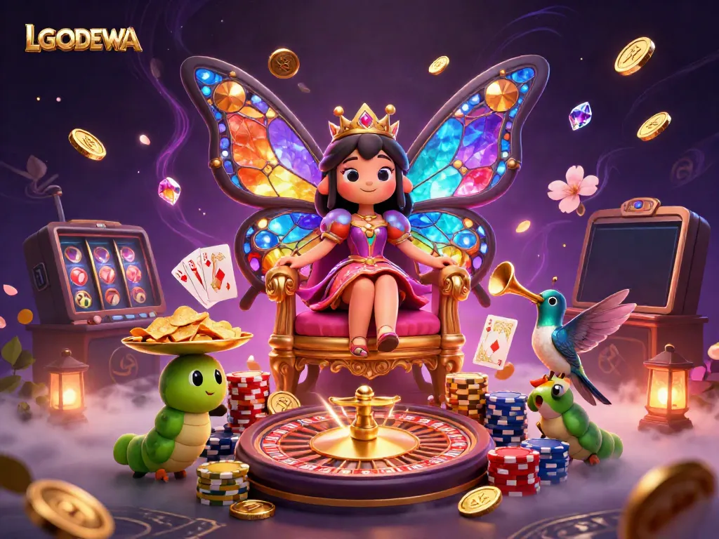Engage with LGODEWA's thrilling atmosphere, featuring a butterfly queen amidst casino elements and treasures.
