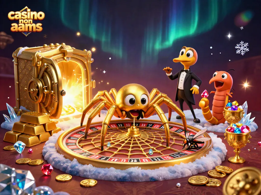 Scopri il mondo dei giochi su casino non aams con un'illustrazione del ragno dorato e il croupier centopiedi.