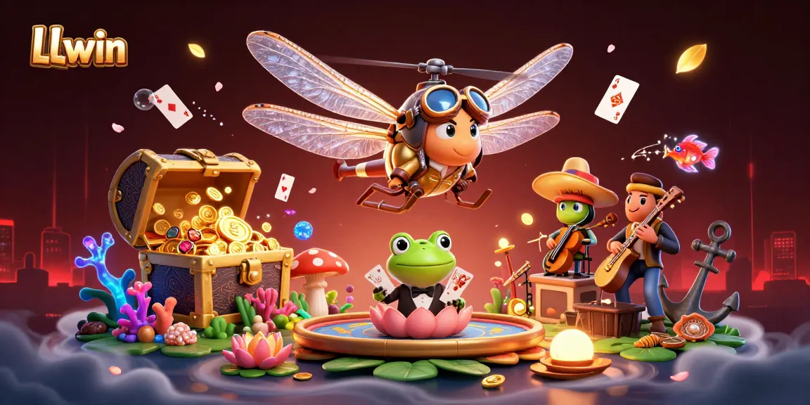 Experience thrilling gameplay at LLwin's vibrant casino arena with a lively dragonfly pilot and frog dealer.