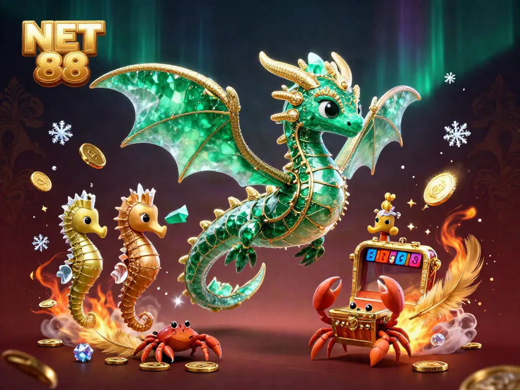 Experience the exciting world of NET 88 with a vibrant 3D sea dragon and golden treasures in an engaging casino scene.