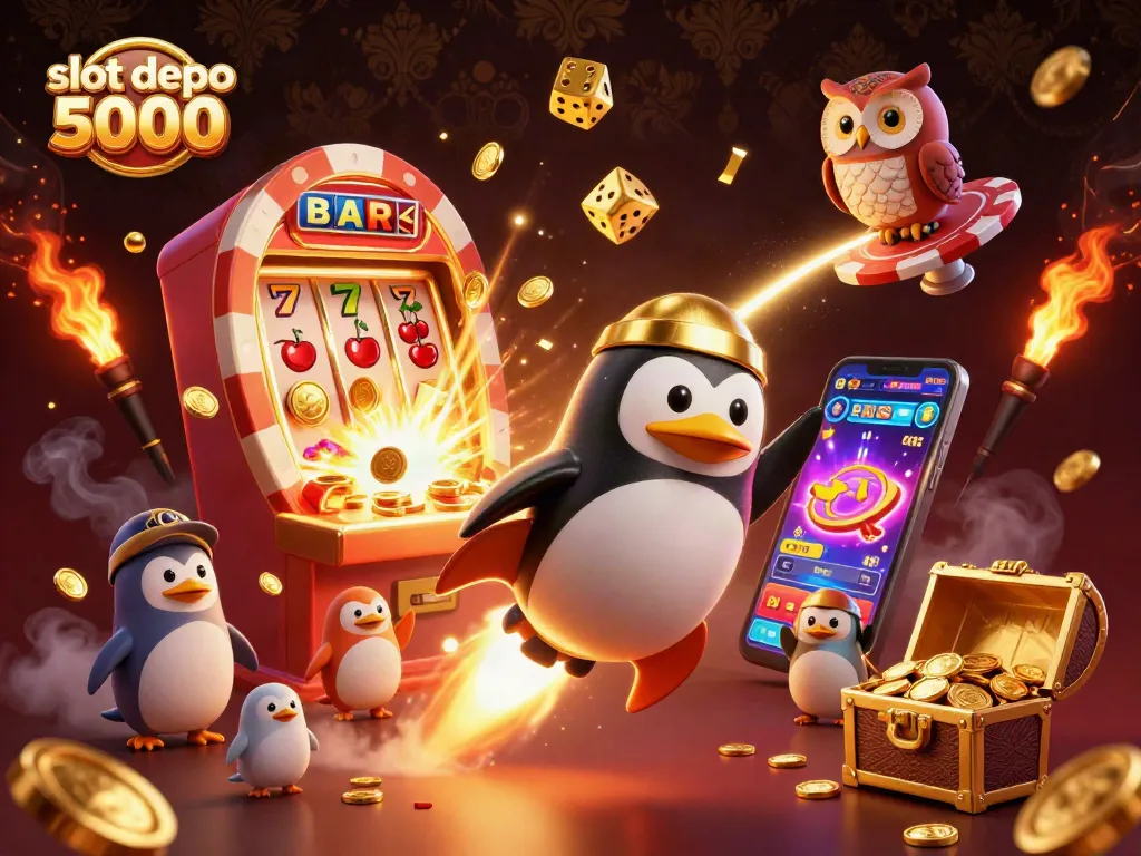 Experience thrilling action with slot depo 5000 featuring golden penguins, jackpot explosions, and vibrant casino elements.