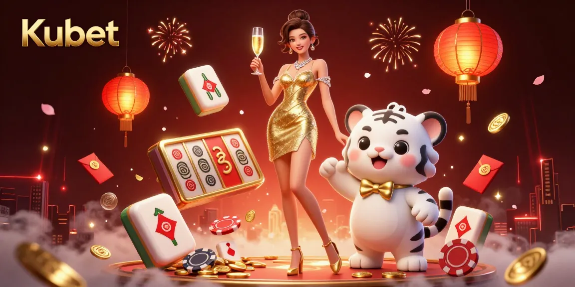 Kubet enhances your casino experience with a glamorous scene featuring a woman, lucky tiger cub, and vibrant game elements.