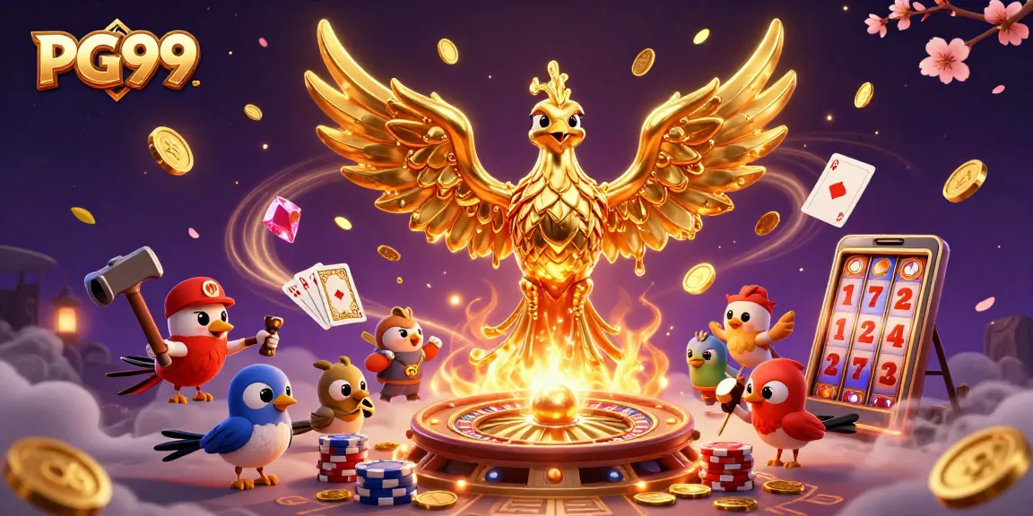 Experience thrilling gameplay with PG99, featuring a phoenix emerging in a dynamic casino scene with gold coins and cards.