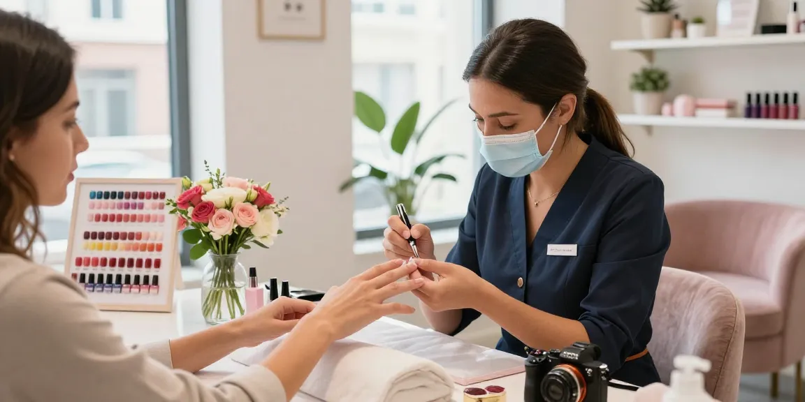 Manicurist providing a luxurious service in Paradise Nail Beauty salon, showcasing vibrant nail colors and a relaxing atmosphere.