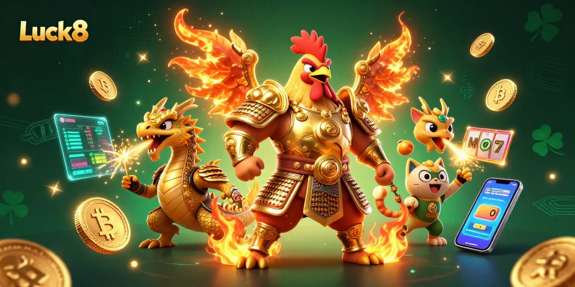Luck8 showcases an epic gaming scene with a rooster warrior and a dragon hatchling amidst crypto elements.