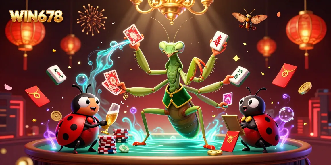 Experience thrilling gameplay at WIN678 with a lively casino scene featuring playful characters and exciting elements.