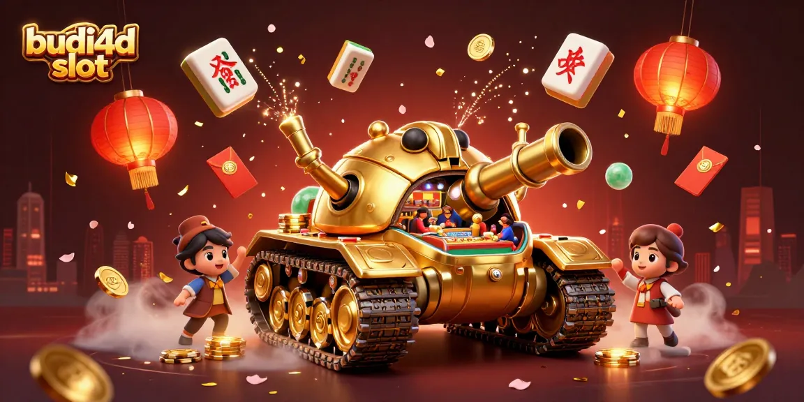 Play thrilling games at budi4d slot in a vibrantly illustrated scene filled with fun casino elements.