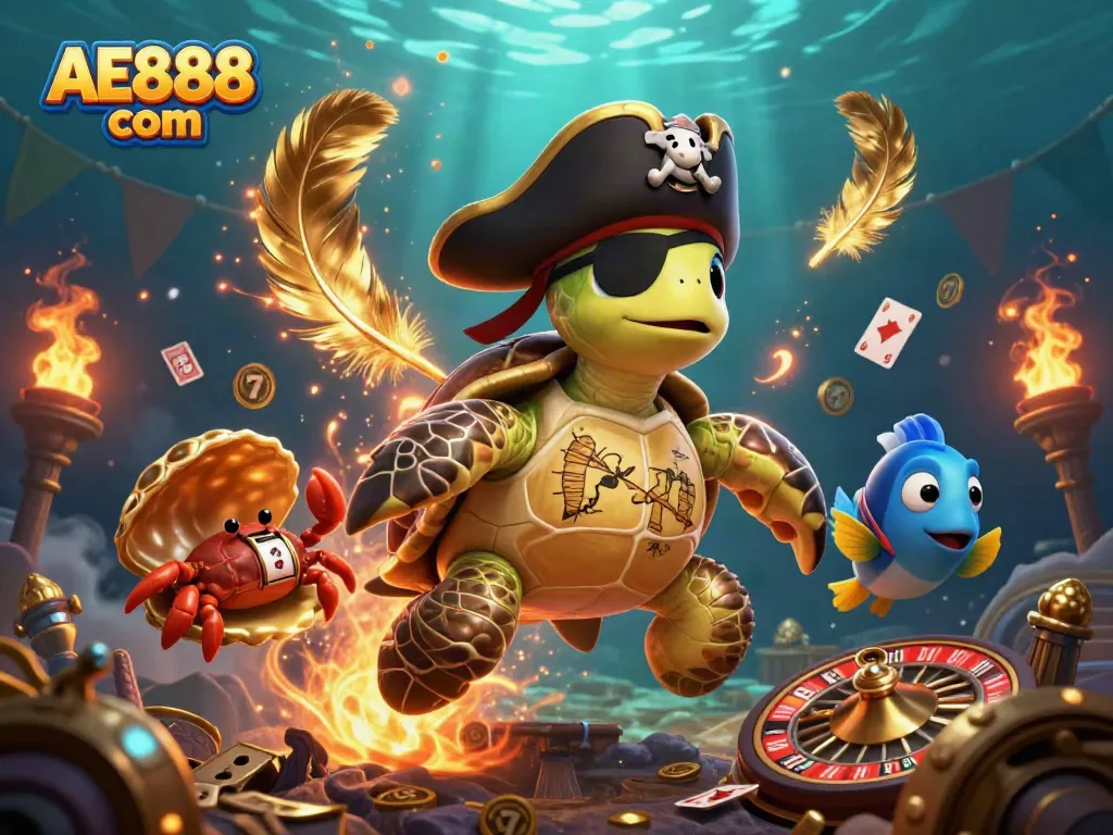 Experience thrilling casino action with AE888 com, featuring pirate turtle characters and gambling elements.