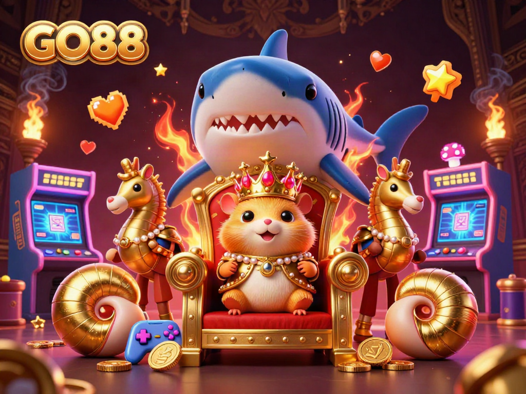 Play GO88 games with the golden hamster king in a vibrant casino-themed illustration.
