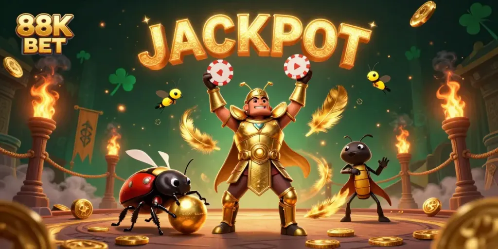 Experience the thrill of 88K BET with a victorious beetle champion celebrating a win, surrounded by gaming elements.