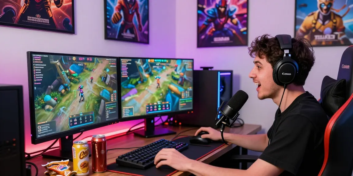 Engaging gamer streaming live on 먹튀스팟 with dual screens and vibrant decor.