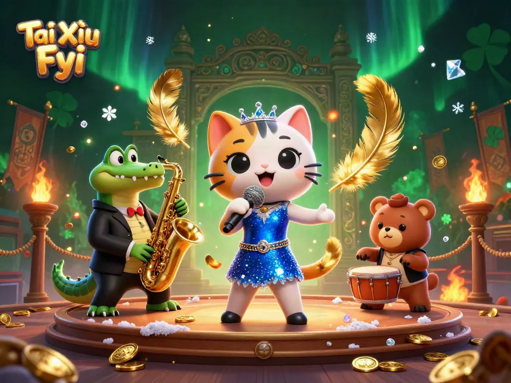 Tài Xỉu Fyi jazz cat performs on stage surrounded by casino excitement and gold.