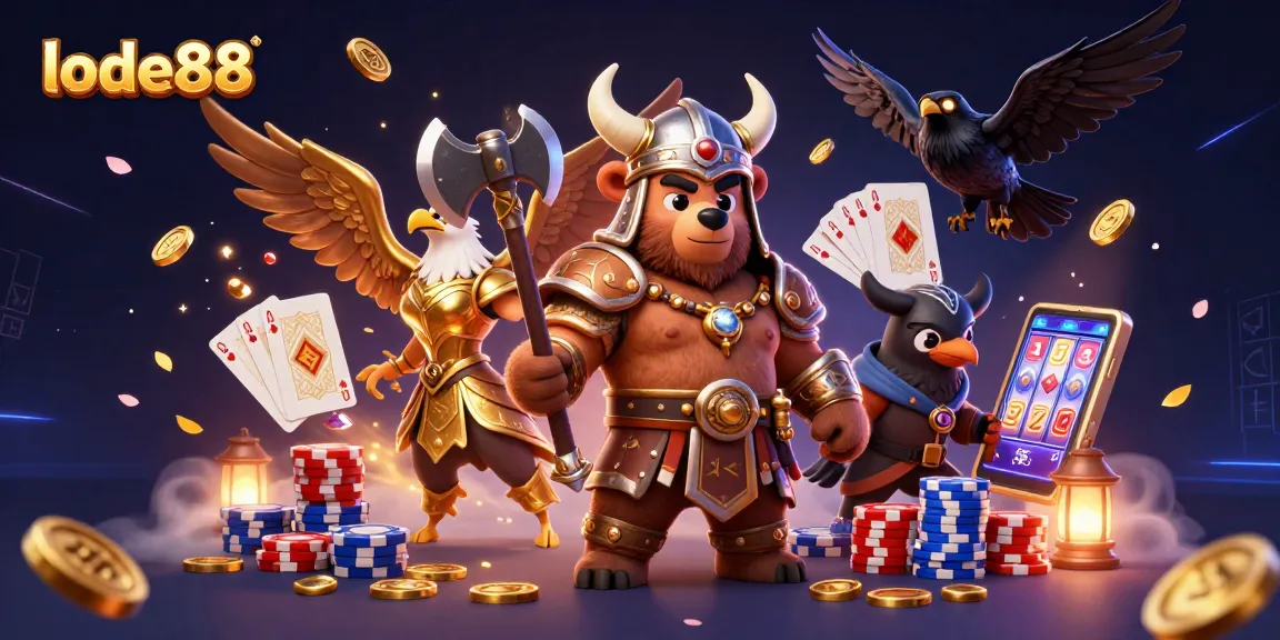 Lode88 offers thrilling gameplay with a Viking berserker and Valkyries amidst cascading coins and poker chips.