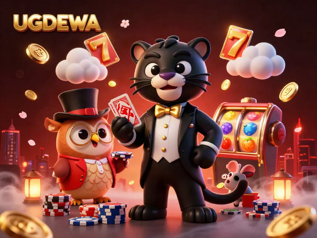 Experience exciting gaming at UGDEWA with vibrant slot machines and charismatic characters.