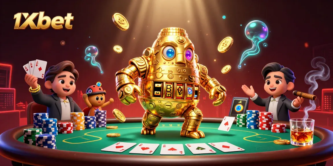 1xbet ile kazanç sağlayan poker masası ve altın para golemi görseli.