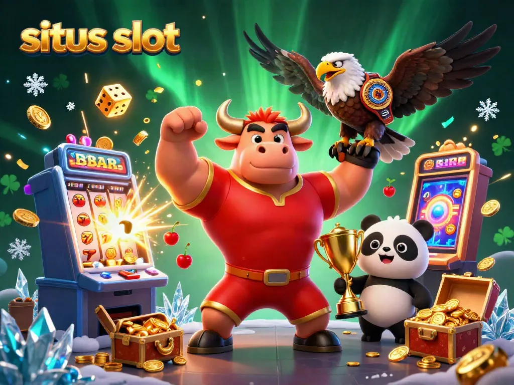 Engaging illustration showcasing situs slot excitement with jackpot bursts, vibrant characters, and dynamic casino elements.
