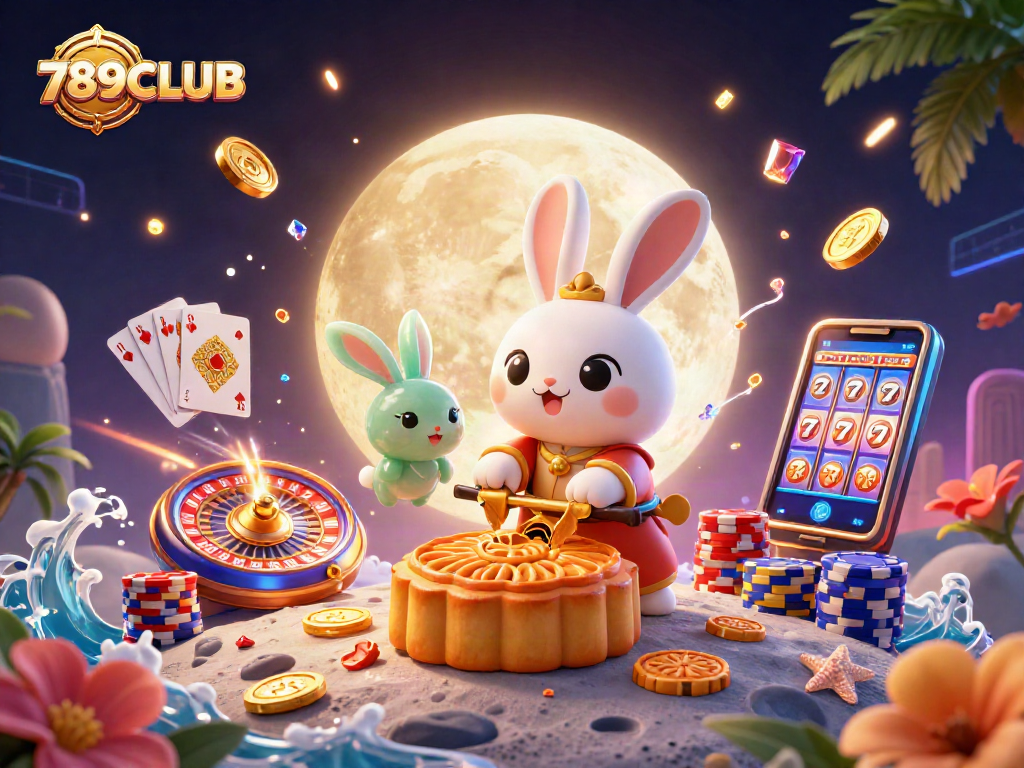 Immerse in the vibrant 789CLUB gaming scene where moon rabbits reveal poker chips amidst an energetic casino atmosphere.