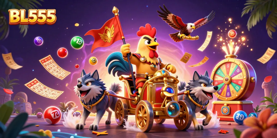 Experience thrilling gameplay at BL555 with a dynamic illustration of a rooster warlord leading fun-laden gaming adventures.