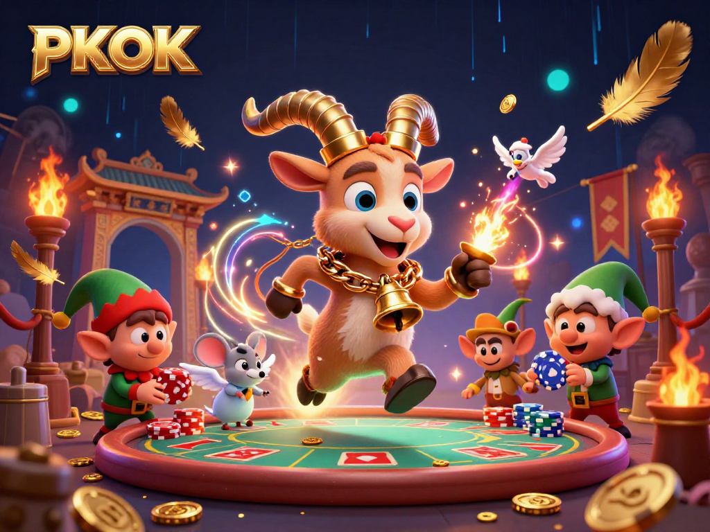 PKOK casino illustration featuring Krampus in a festive casino themed with elves and gold.